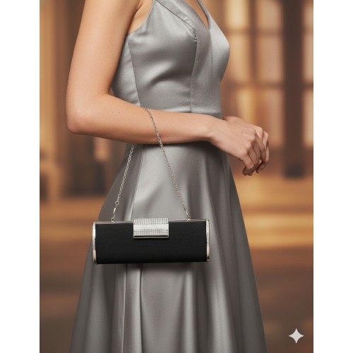 Evening Bag - Hard Case w/ Clear Acrylic Stones  Accent Flap Closure - Black - BG-M1023SL-BK